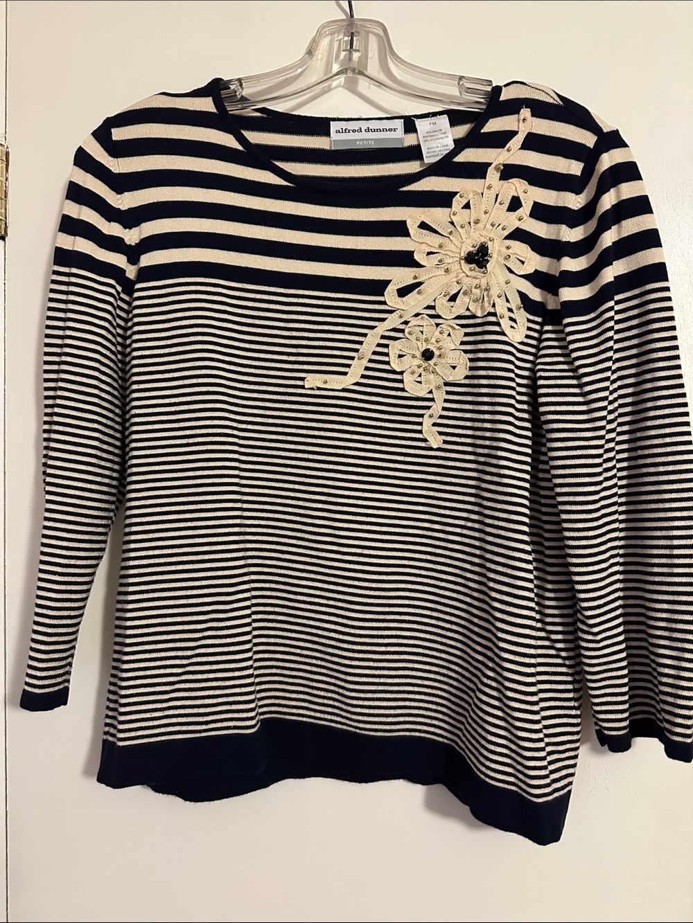 Alfred Dunner Navy and Cream Striped Long Sleeve Top with Floral Appliqué